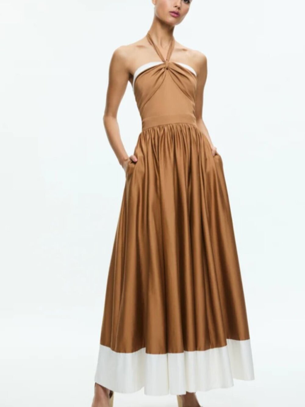 Alice + Olivia Beatrix Sweetheart Tie Next Halter Dress Midi Tan Vanilla Size 10